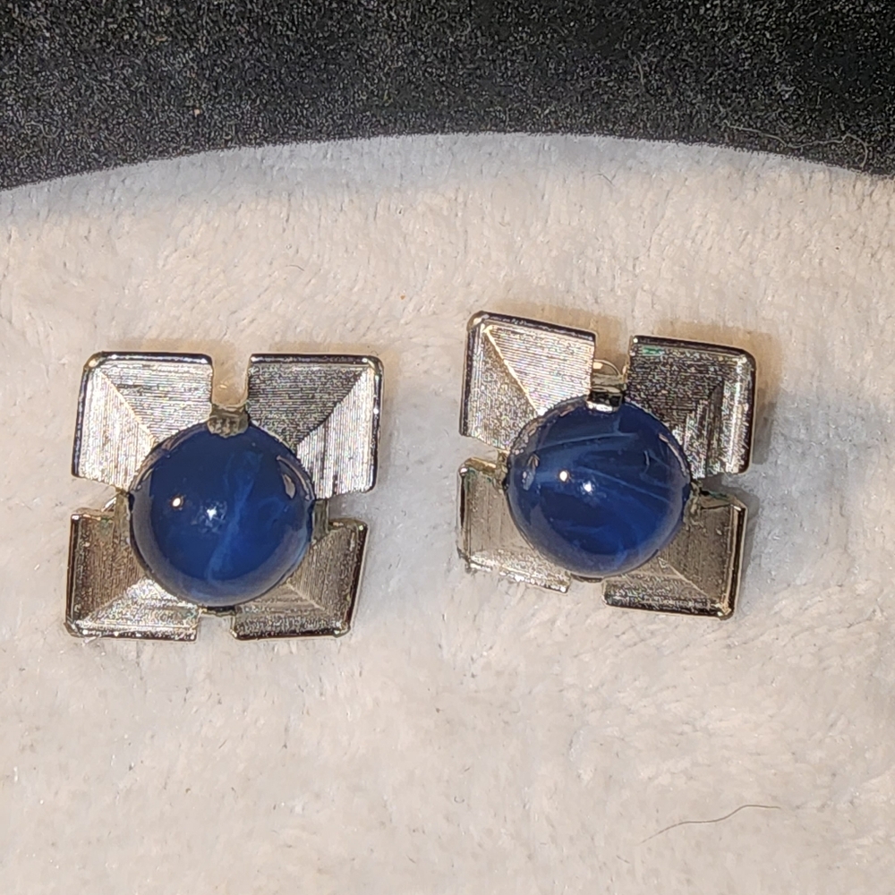 Vintage Trifari Silver-Tone Clip-On Earrings with Blue Lucite Cabochons